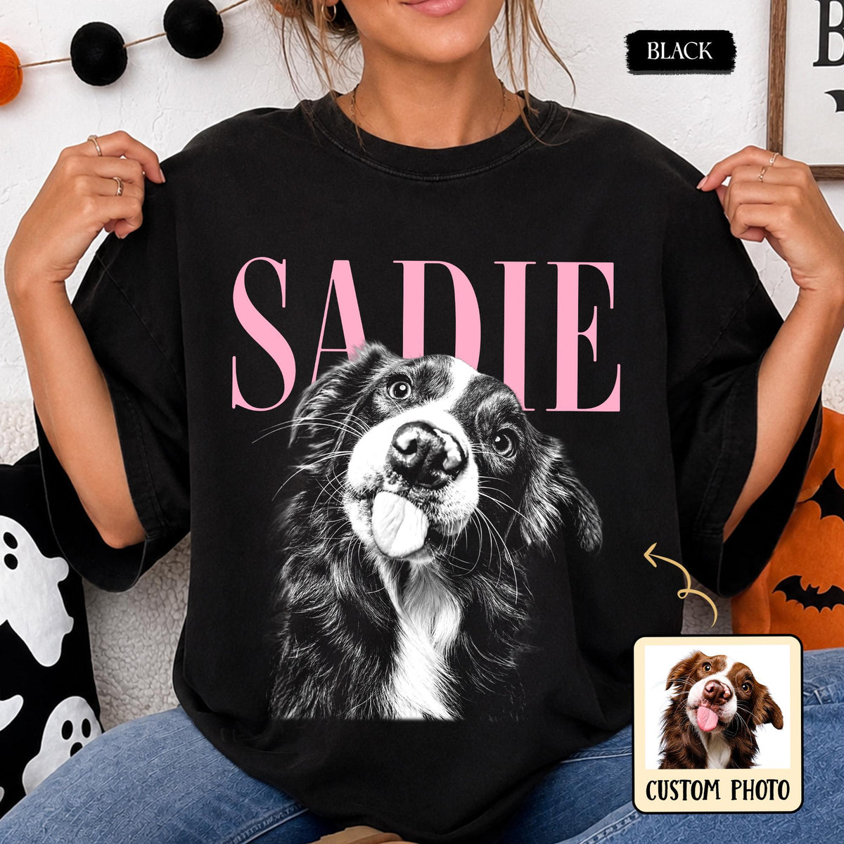 Personalized Black & White Pet Portrait Tee – Custom Name & Photo example 2