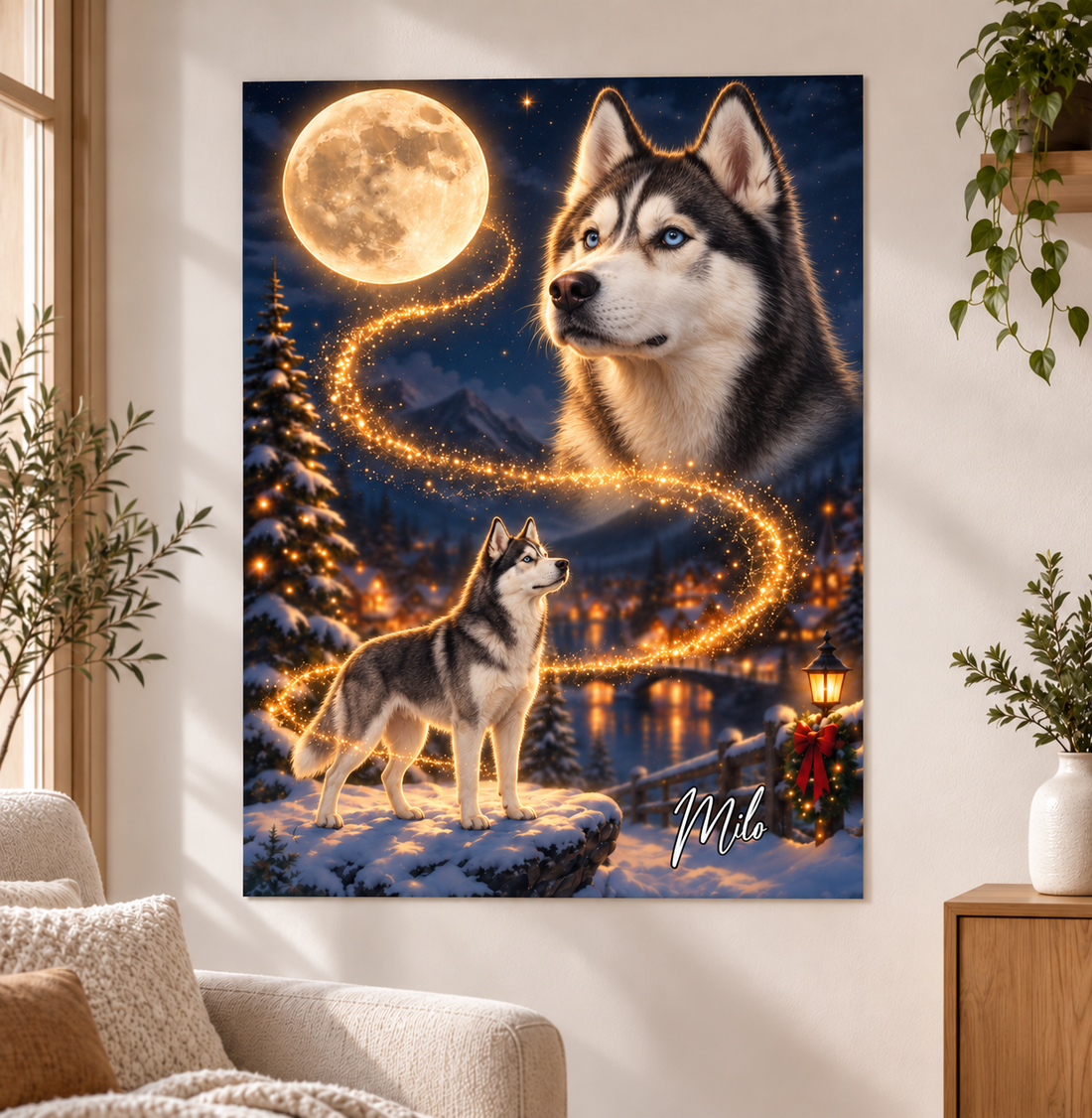 Personalized Howling Dog Christmas Portrait Poster – Custom Photo & Name Gift