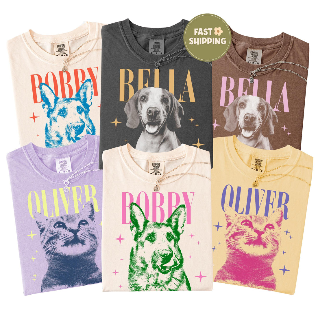 Personalized Colorful Pet Portrait Comfort Colors Tee – Custom Name & Photo