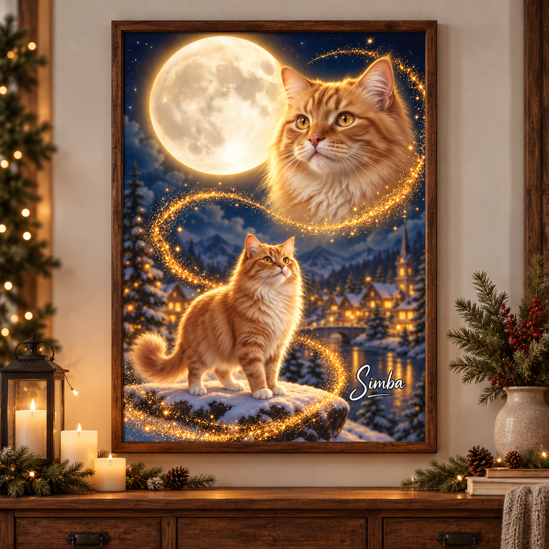 Personalized Christmas Cat Portrait Poster – Custom Photo & Name Gift