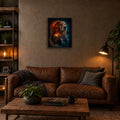 Sunset double exposure pet portrait in a black 16x20 frame above a leather sofa