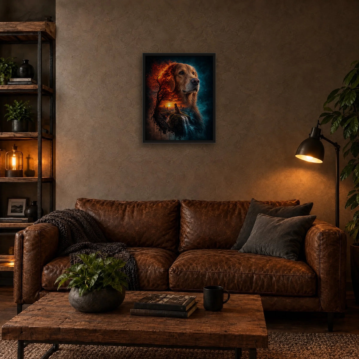 Sunset double exposure pet portrait in a black 16x20 frame above a leather sofa
