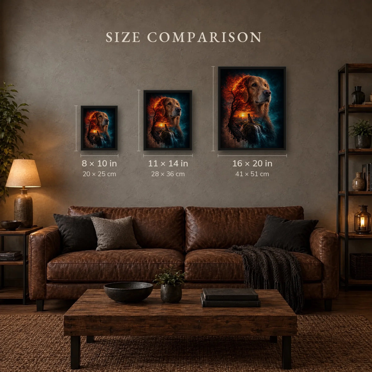 Size comparison of 8x10, 11x14 and 16x20 framed prints above a sofa