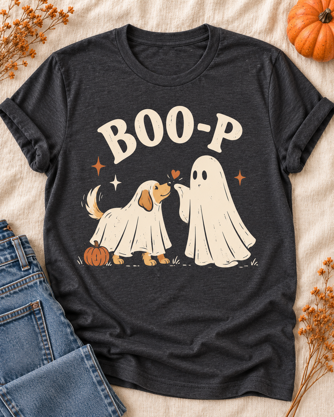 BOO-P ghost dog Halloween shirt charcoal flat lay