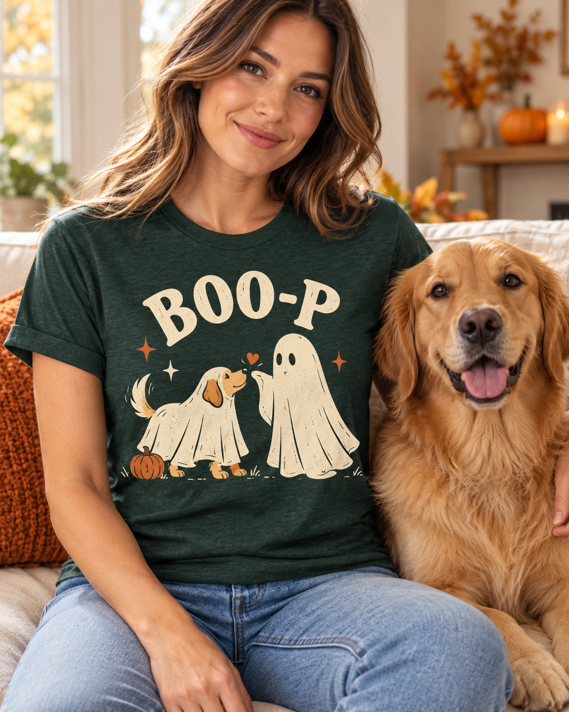 BOO-P ghost dog shirt worn with a golden retriever