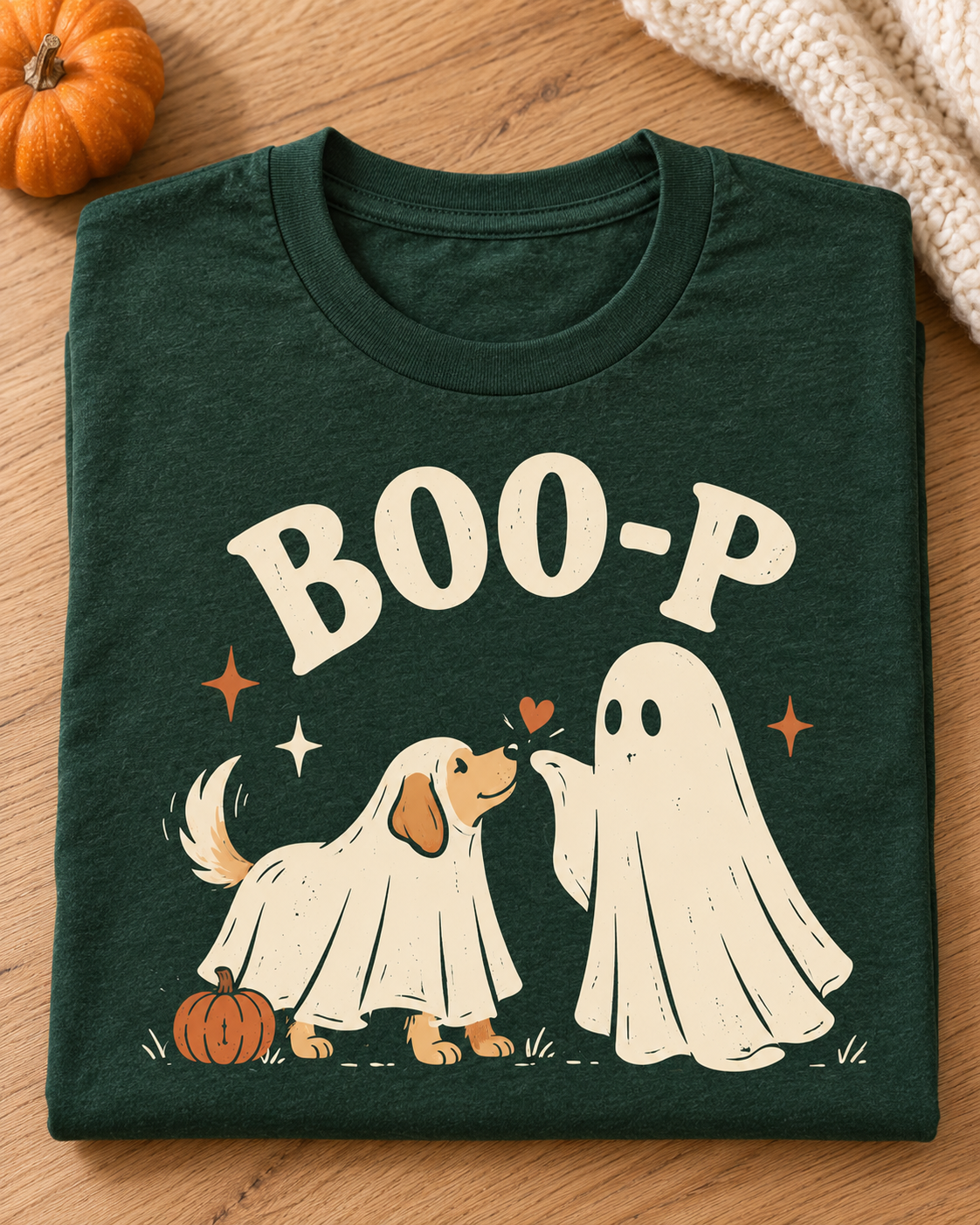 Folded green BOO-P ghost dog Halloween tee