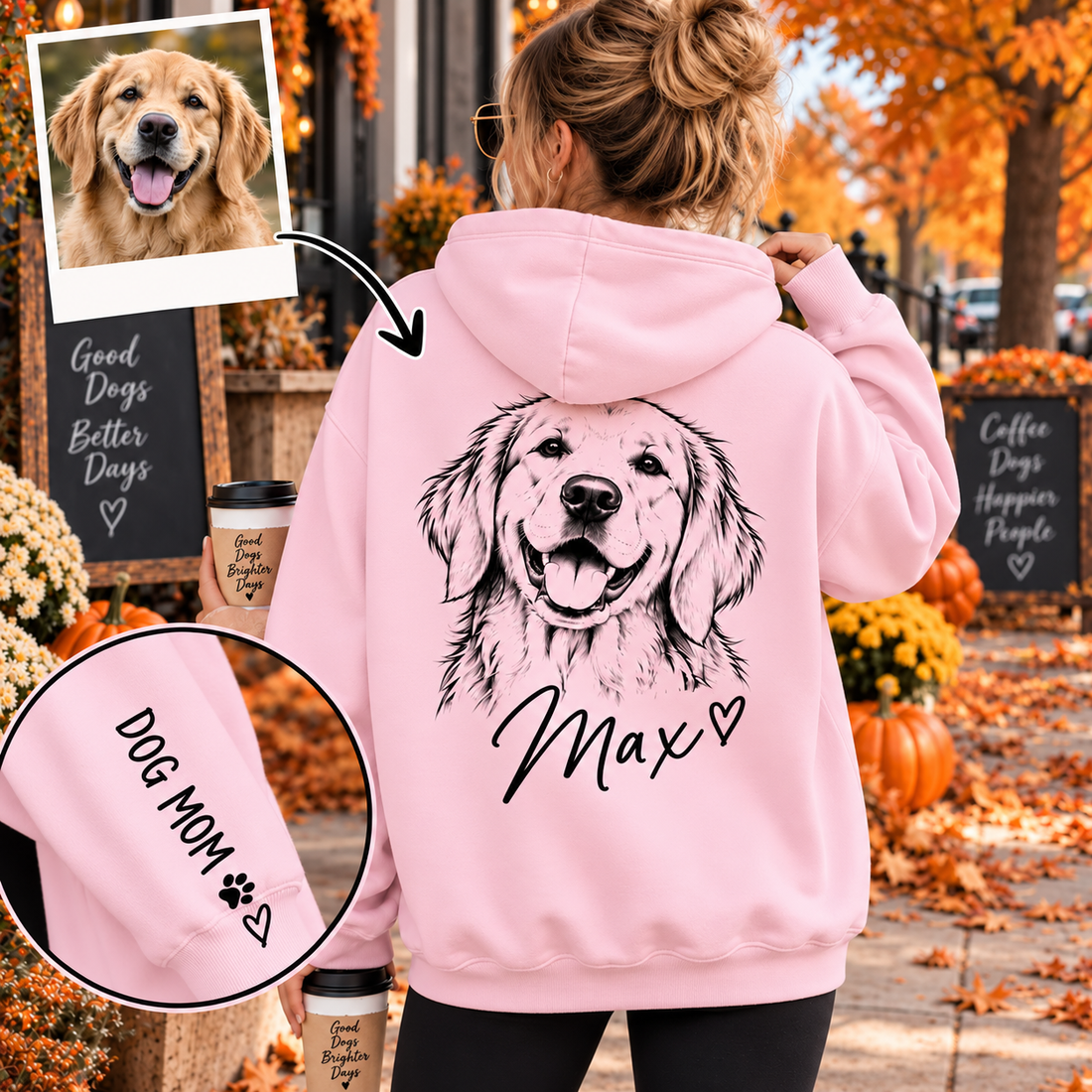 Personalized Pet Line Art Hoodie with Sleeve Print – Custom Photo & Name Gift