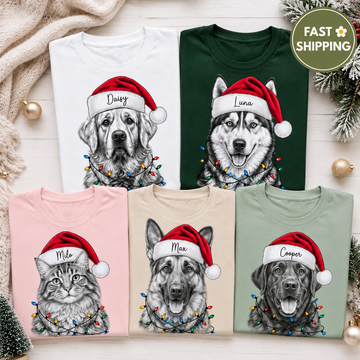Personalized Christmas Sketch Pet Portrait Tee – Custom Name & Photo