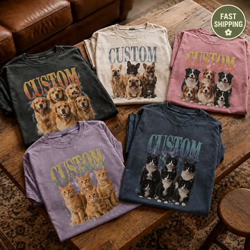 Personalized 90s Rap Style Pet Portrait Tee – Custom Name & Up to 5 Pets