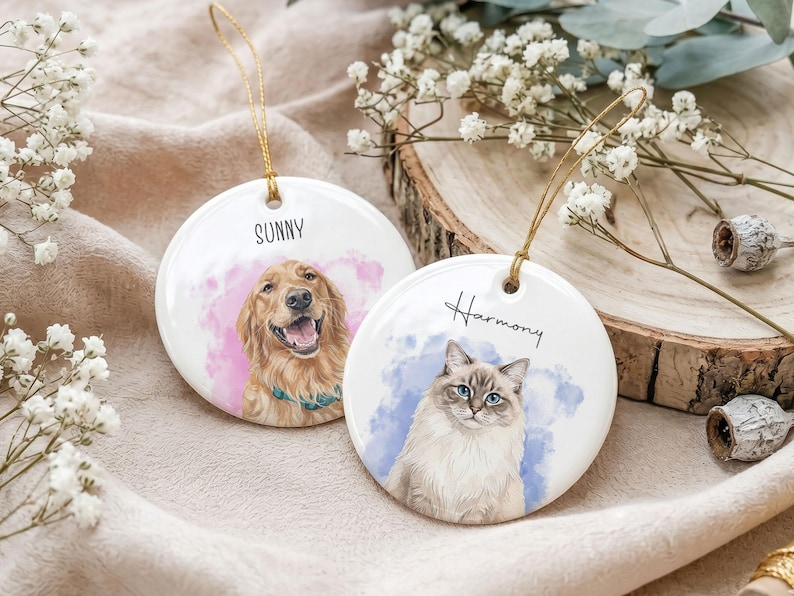 Personalized Watercolor Pet Portrait Ornament – Custom Photo & Name Gift