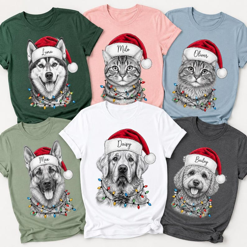 Personalized Christmas Sketch Pet Portrait Tee – Custom Name & Photo