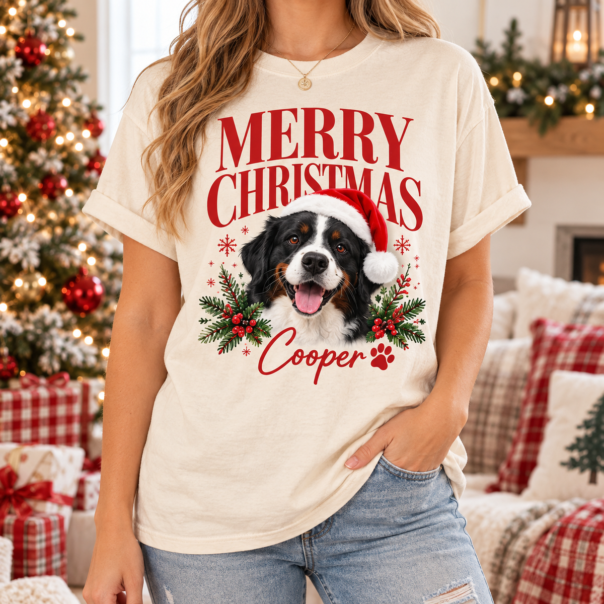 Personalized Merry Christmas Pet & Family Portrait Tee – Custom Names & Photos example 3