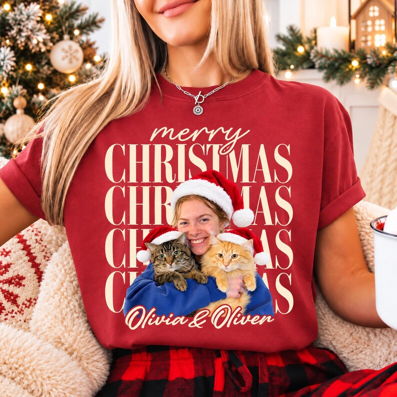 Personalized Merry Christmas Pet & Family Tee – Up to 3 Portraits example 6