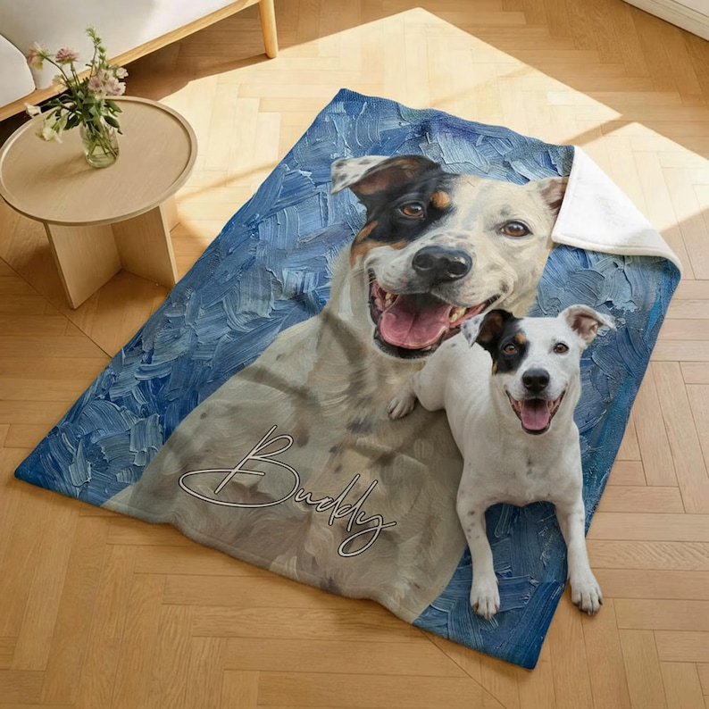 Personalized Oil Painting Pet Fleece Blanket – Custom Photo & Name Gift