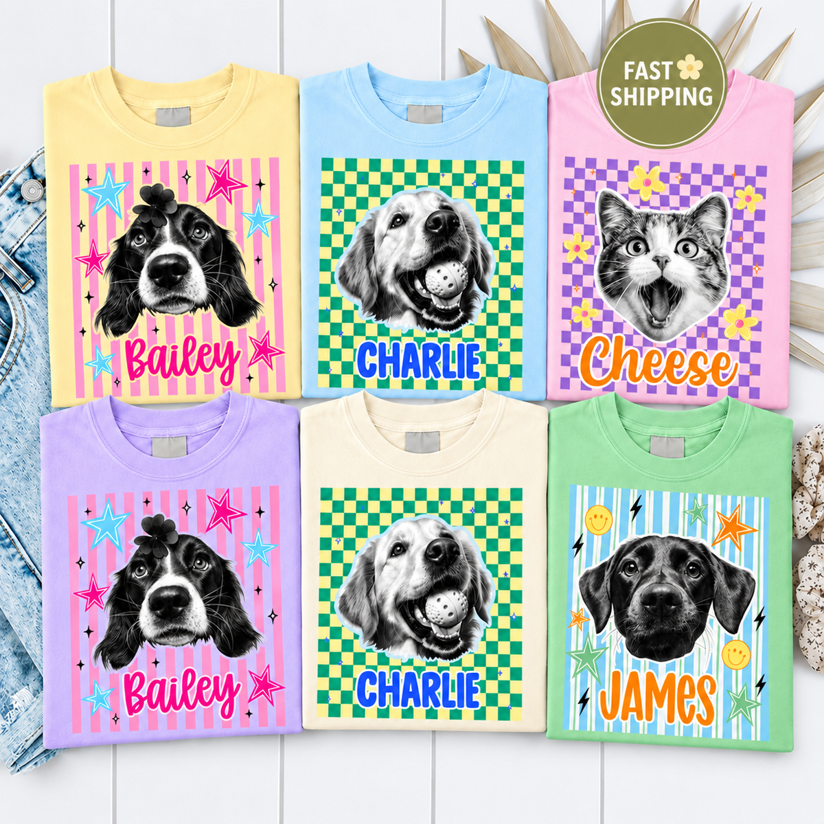 Personalized Retro Checkerboard Pet Portrait Tee – Custom Name & Photo