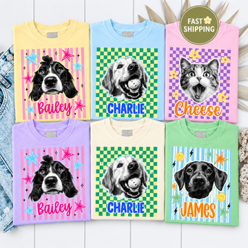 Personalized Retro Checkerboard Pet Portrait Tee – Custom Name & Photo