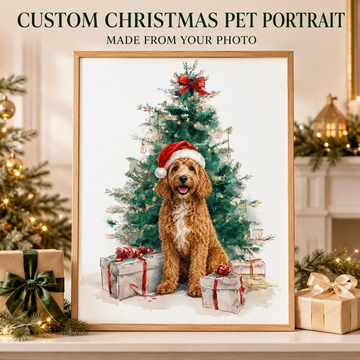 Custom Christmas Pet Portrait – Pet with Christmas Tree & Gifts