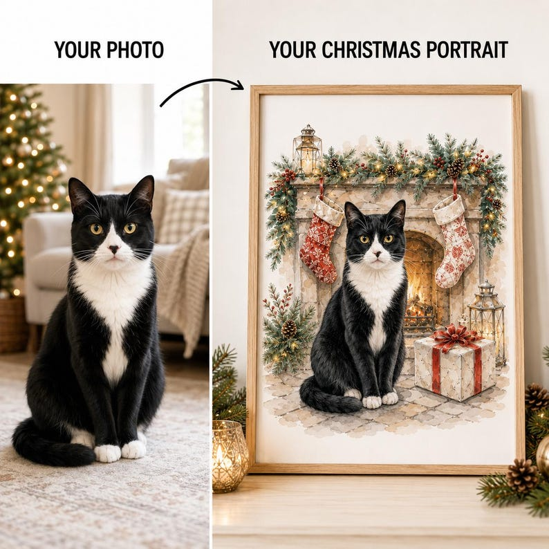 Custom Christmas Pet Portrait – Pet with Christmas Tree & Gifts