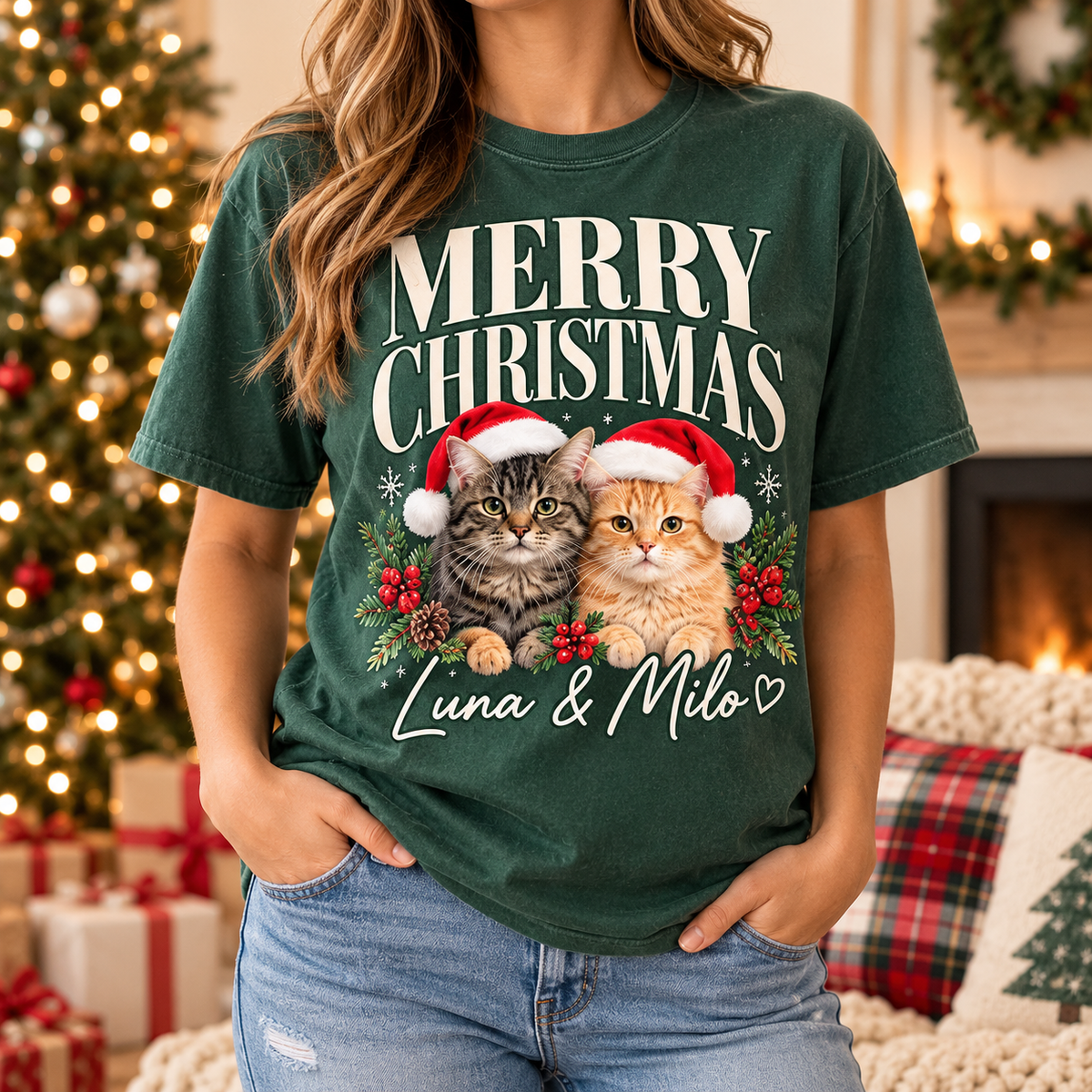 Personalized Merry Christmas Pet & Family Portrait Tee – Custom Names & Photos example 6