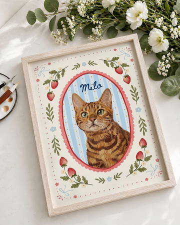 Custom Pet Portrait – Strawberry Frame Illustration with Name