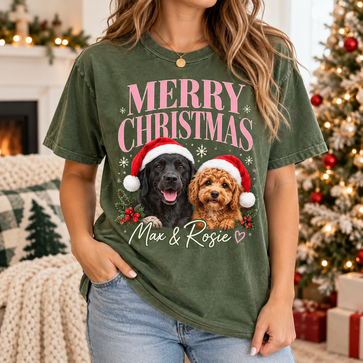 Personalized Merry Christmas Pet & Family Portrait Tee – Custom Names & Photos example 7