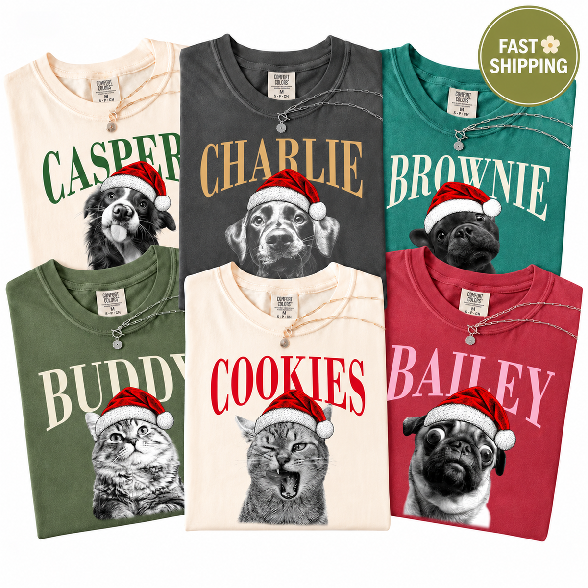 Personalized Santa Hat Pet Portrait Tee – Custom Name & Photo
