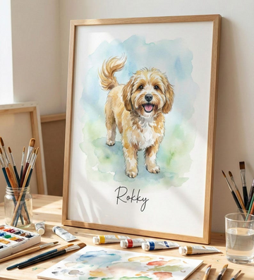 Custom Watercolor Pet Portrait – Full Body Dog Art with Name