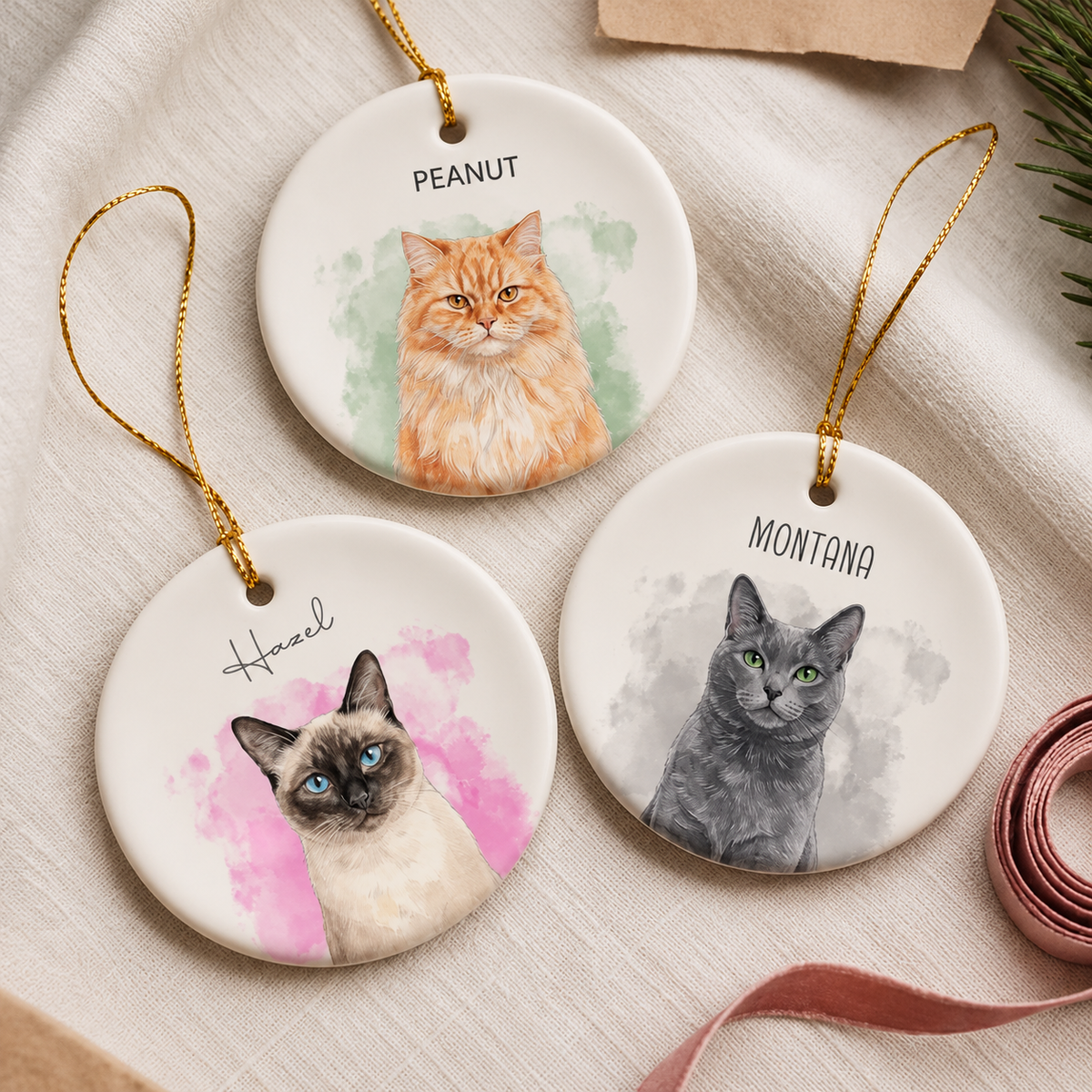 Personalized Watercolor Pet Portrait Ornament – Custom Photo & Name Gift