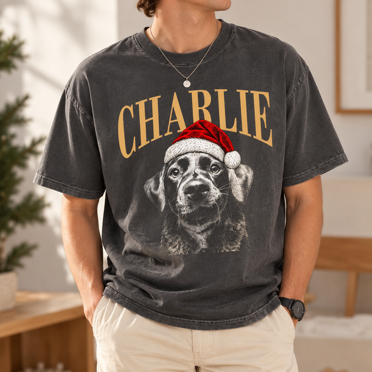 Personalized Santa Hat Pet Portrait Tee – Custom Name & Photo example 4