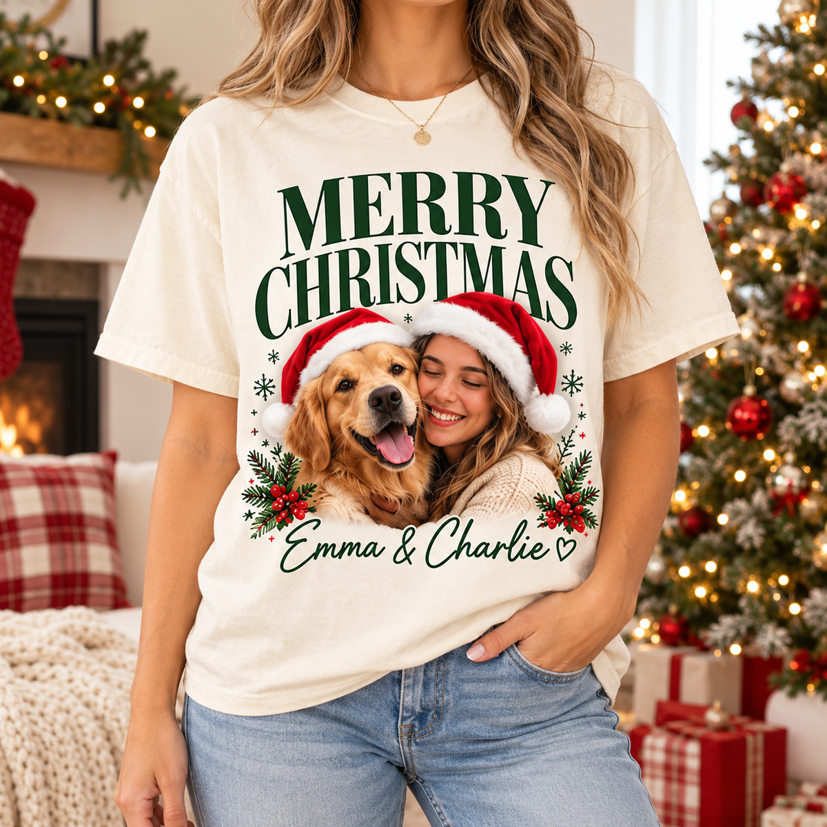 Personalized Merry Christmas Pet & Family Portrait Tee – Custom Names & Photos example 8