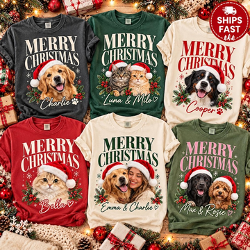 Personalized Merry Christmas Pet & Family Portrait Tee – Custom Names & Photos