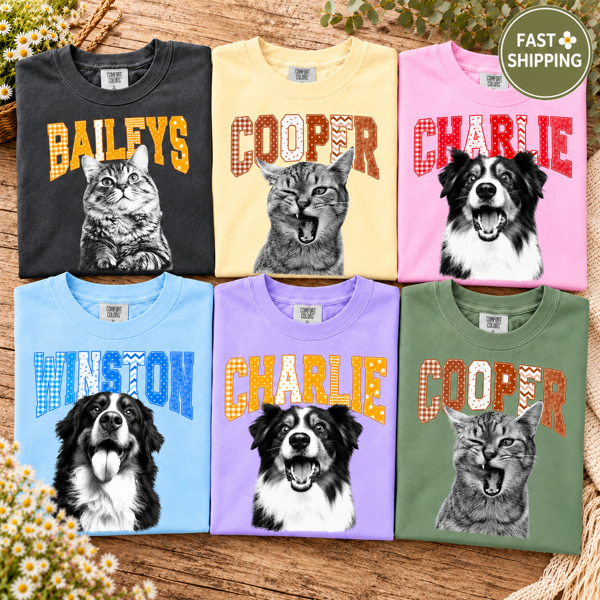 Personalized Gingham Varsity Pet Portrait Tee – Custom Name & Photo