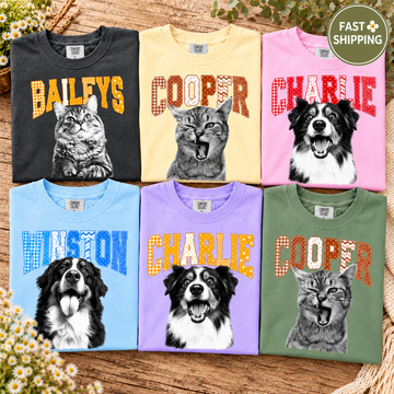Personalized Gingham Varsity Pet Portrait Tee – Custom Name & Photo