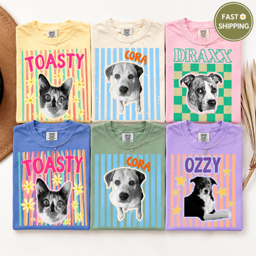 Personalized Retro Pattern Pet Portrait Tee – 4 Designs, Custom Name & Photo