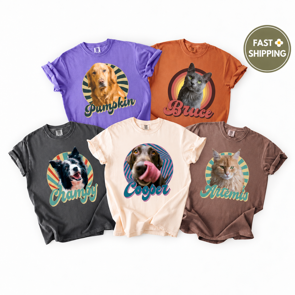 Personalized Retro Sunburst Pet Portrait Tee – Custom Name & Photo