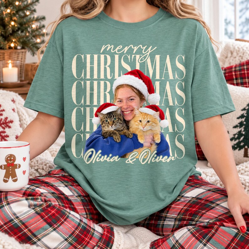 Personalized Merry Christmas Pet & Family Tee – Up to 3 Portraits example 4