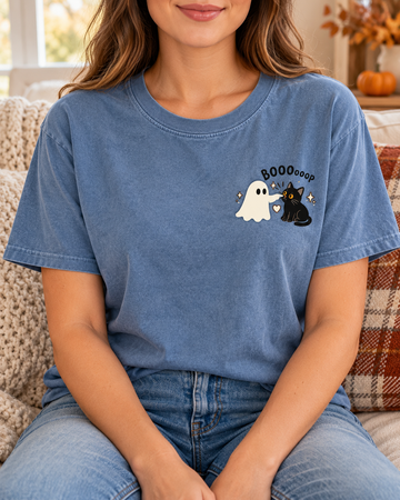 Ghost Boop Cat Halloween left chest shirt in blue