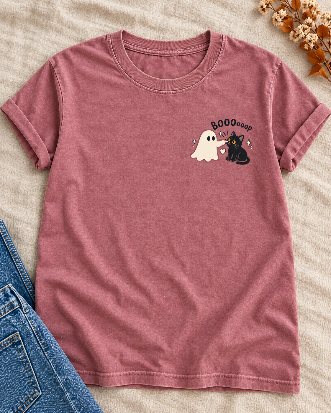 Mauve Ghost Boop Cat Halloween shirt flat lay
