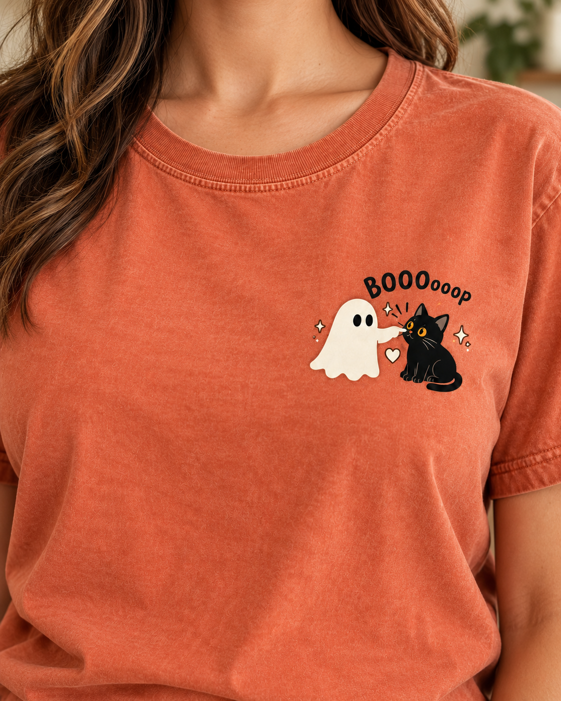 Close-up of Ghost Boop Cat left chest print