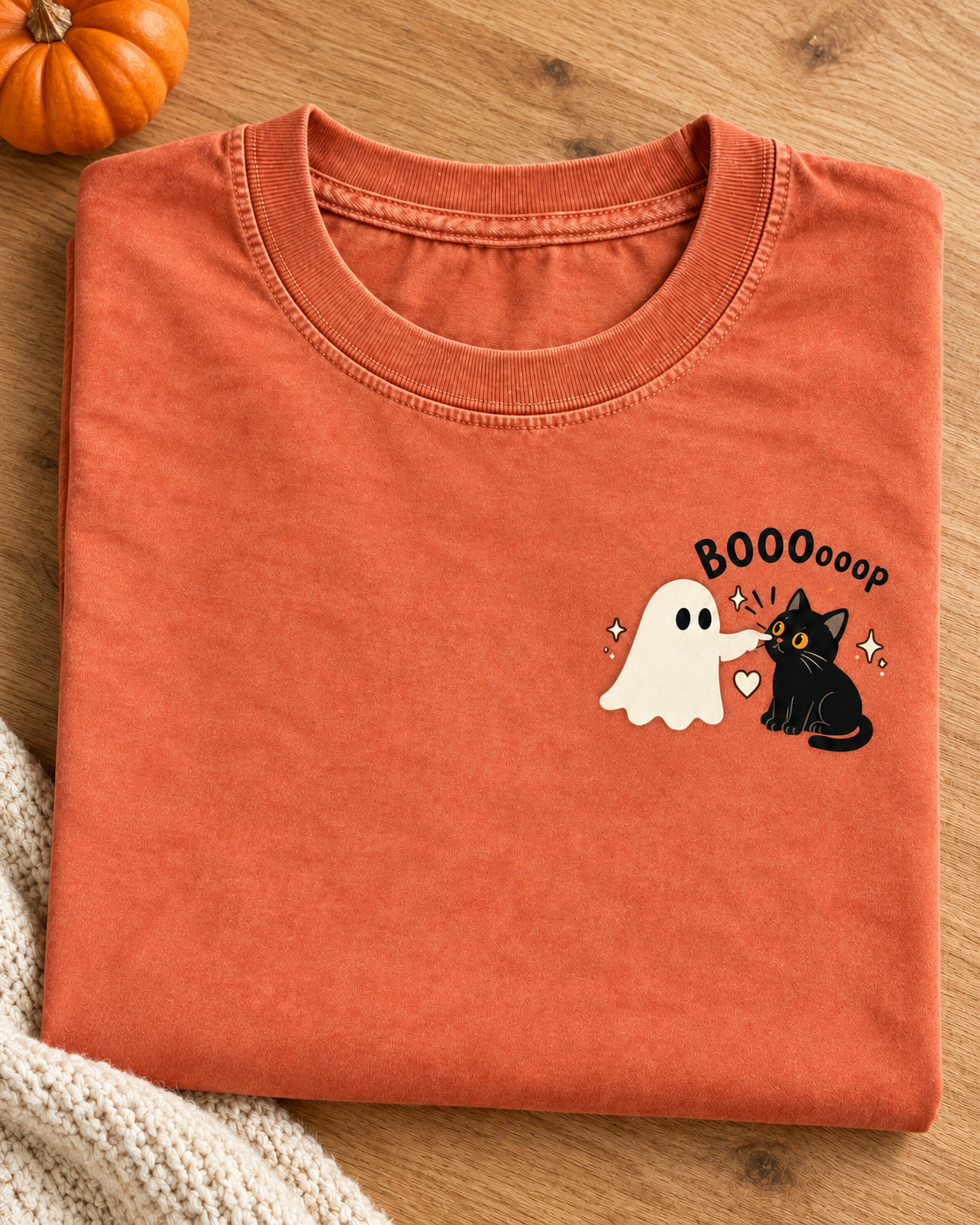 Folded terracotta Ghost Boop Cat shirt