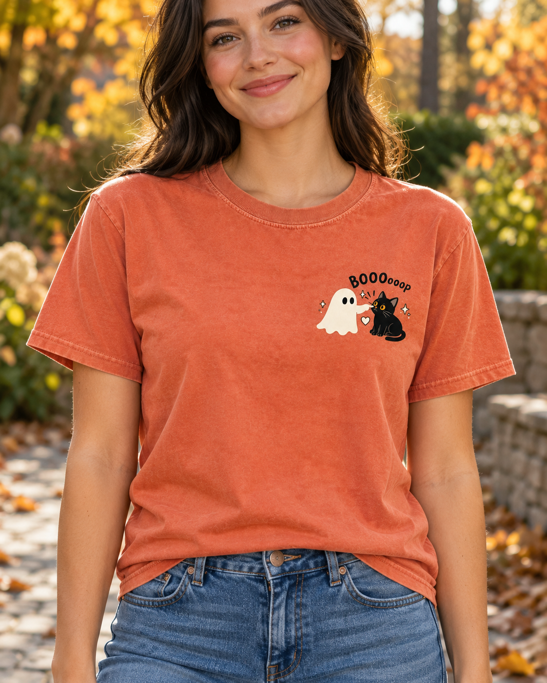 Ghost Boop Cat left chest shirt in terracotta