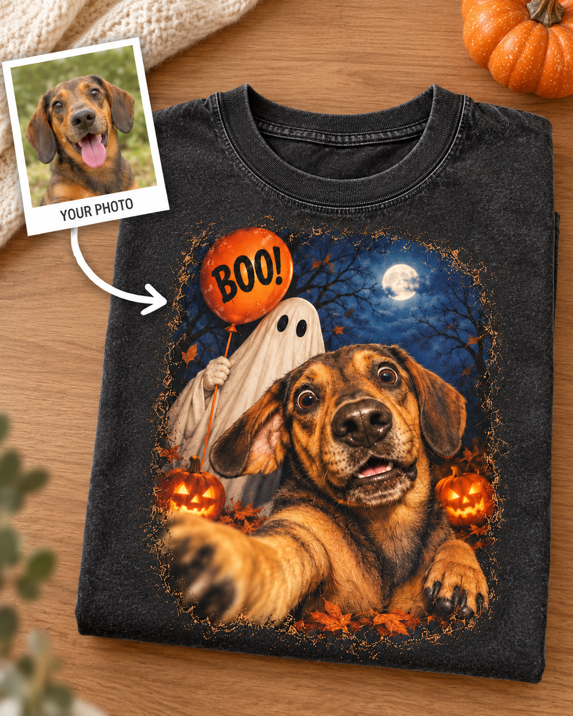 Custom dog Halloween portrait shirt charcoal flat lay