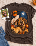 Personalized dog Halloween portrait shirt flat lay