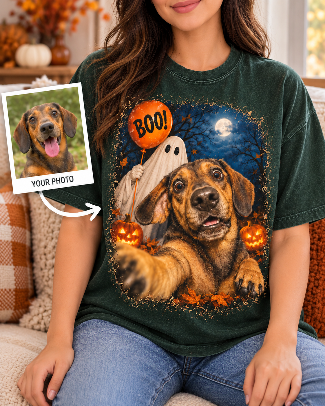 Personalized Halloween pet portrait shirt in green