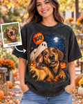 Personalized Halloween dog portrait shirt created from a pet photo