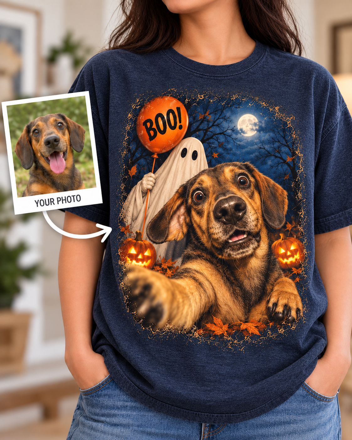 Custom Halloween dog portrait Comfort Colors tee in navy