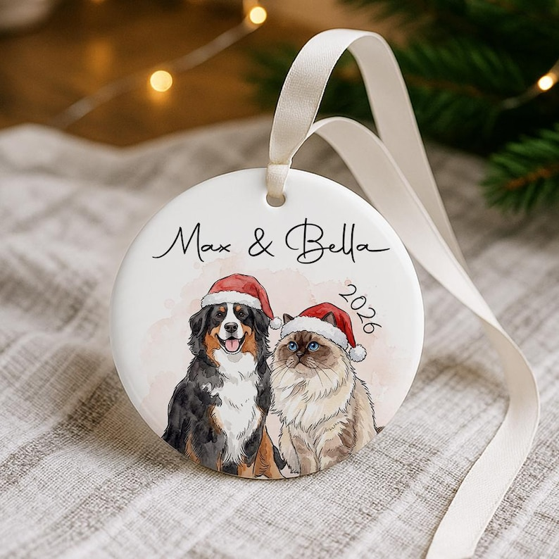 Personalized Pet First Christmas Ornament, Watercolor Photo Pet Ornament