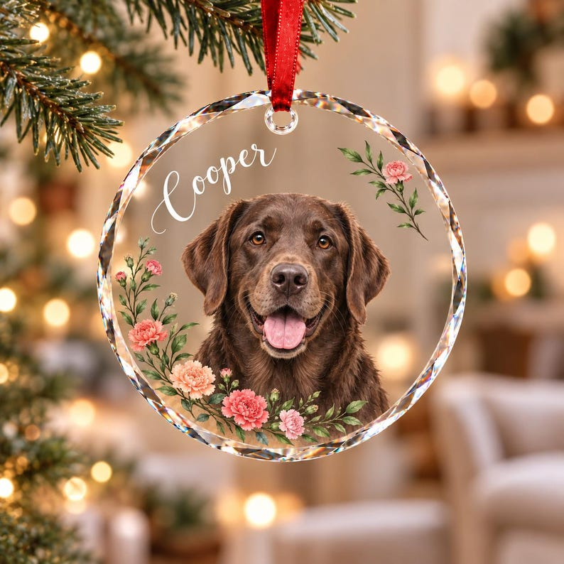 Personalized Floral Pet Portrait Ornament – Custom Photo & Name Gift